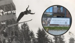 Stanisław Marusarz w locie. W ramce jeden z banerów reklamowych, wykorzyustujących wizerunek skoczka, z czym nie zgadza się rodzina