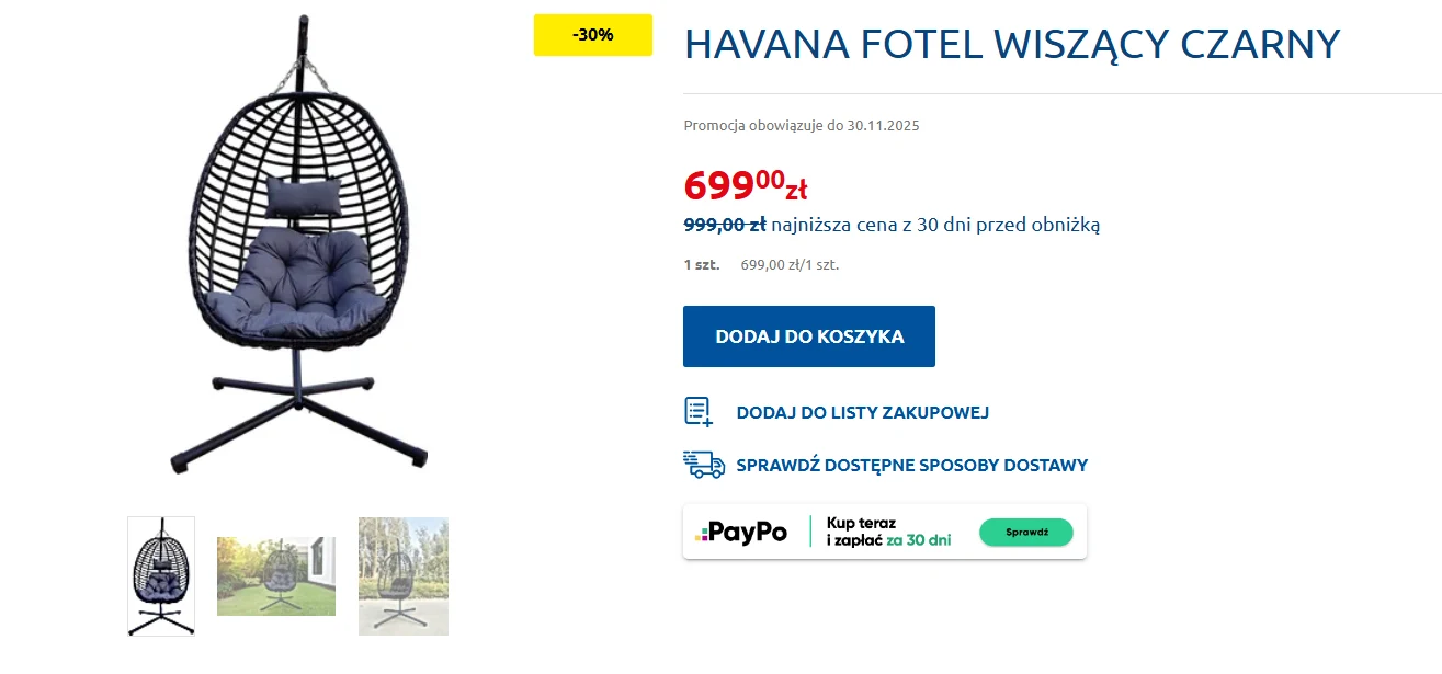 Havana Fotel Wiszący Czarny Havana Fotel Wiszący Czarny