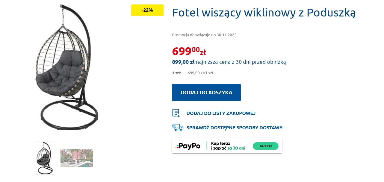 Fotel wiszący wiklinowy z poduszką Fotel wiszący wiklinowy z poduszką