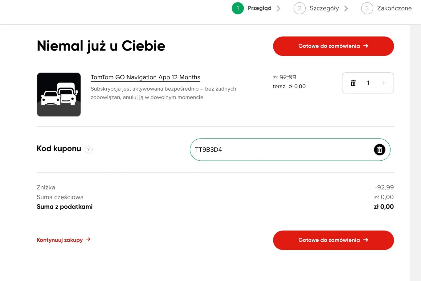 Po wpisaniu kodu obniżamy cenę do 0,00 zł