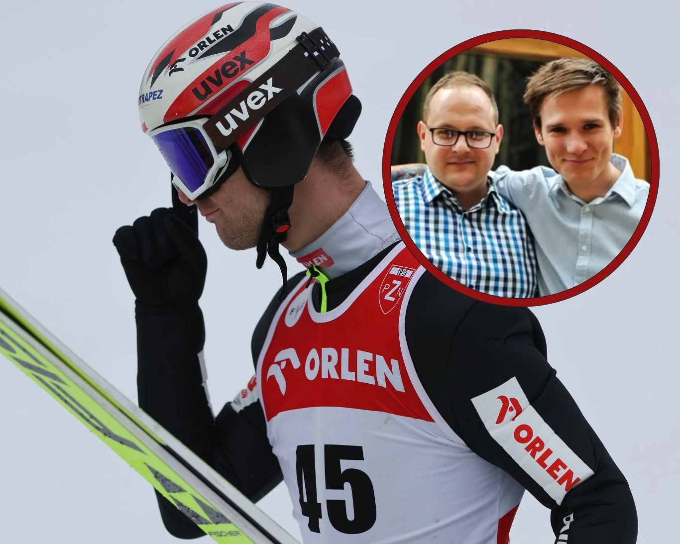 Andrzej Stękała po swoim skoku zawsze kieruje palec w stronę nieba. W ramce nasz skoczek ze swoim zmarłym partnerem - Damianem Andrzej Stękała po swoim skoku zawsze kieruje palec w stronę nieba. W ramce nasz skoczek ze swoim zmarłym partnerem - Damianem