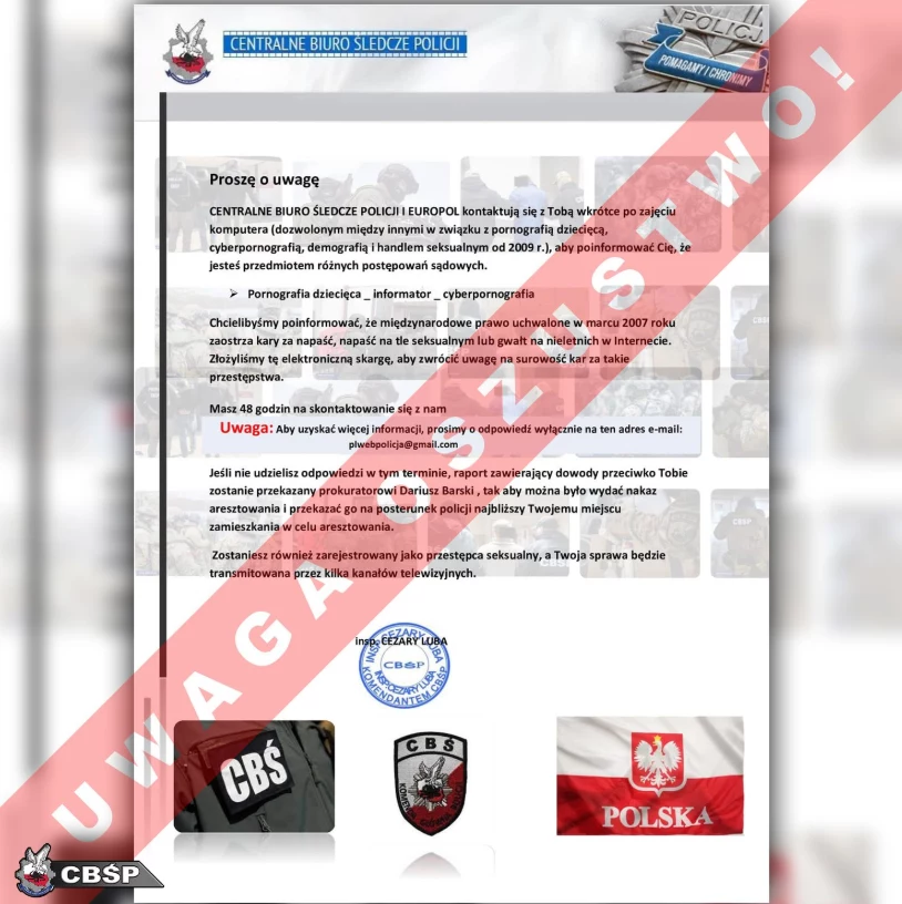 CBŚP ostrzega przed fałszywymi wiadomościami trafiającymi do Polaków