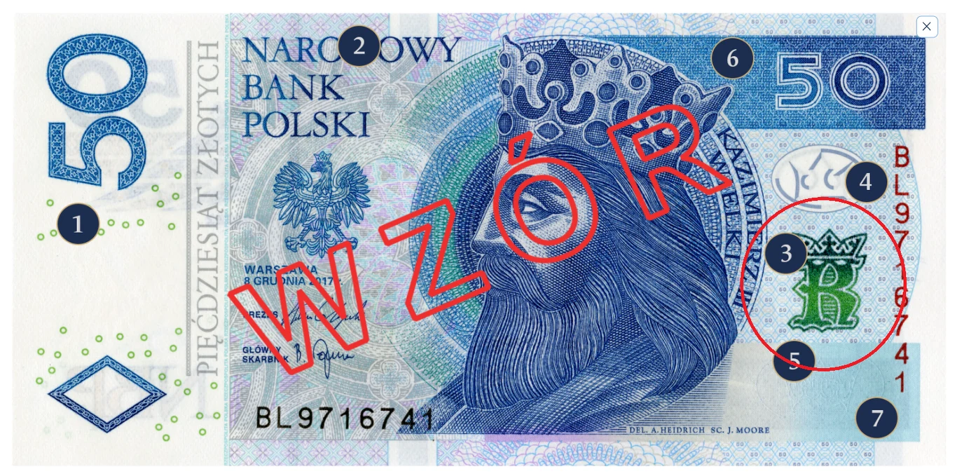 Na banknocie 50 zł widnieje niepozorna litera "K", jest kluczowa dla prawdziwości pieniędzy