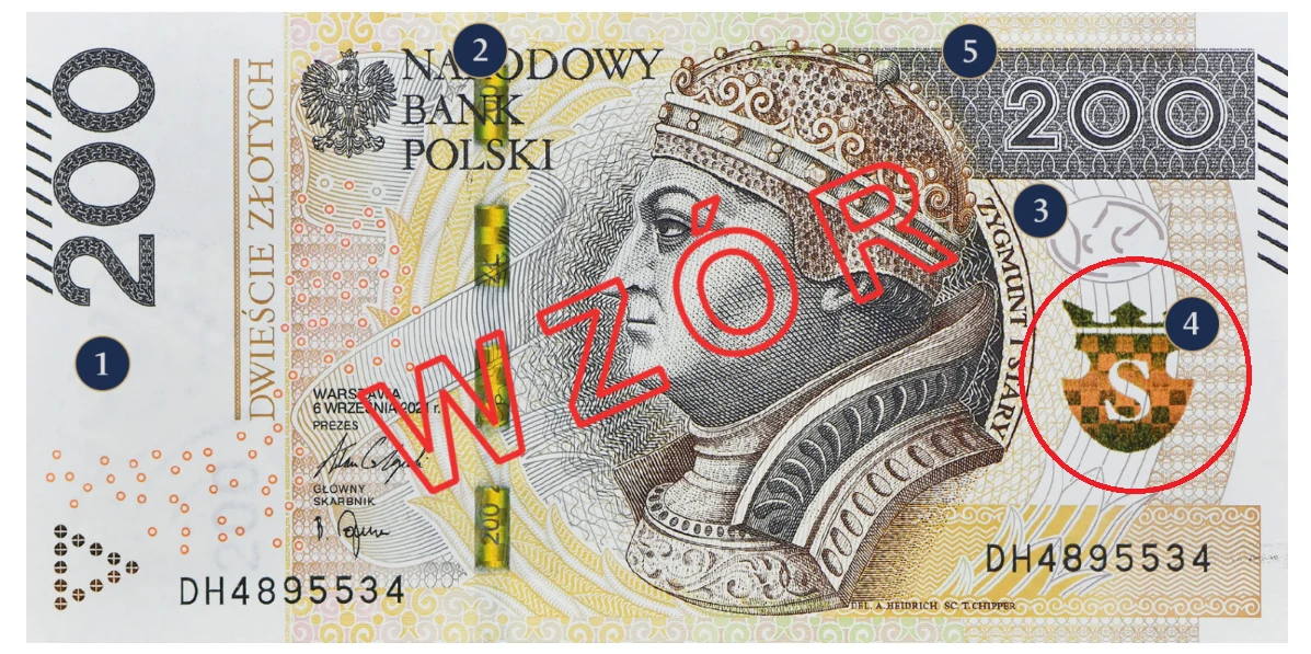 200 zł po modernizacji zabezpieczone jest m.in. literą "S" osadzoną na zmieniającej kolor tarczy