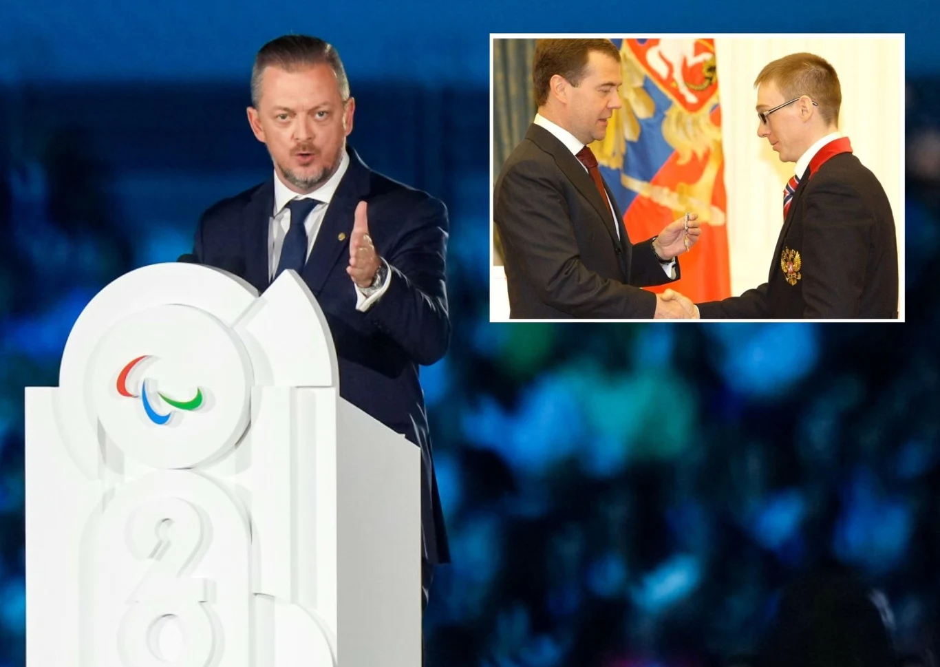 Przewodniczący IPC Andrew Parsons podczas otwarcia igrzysk paralimpijskich w Paryżu, 28.08.2024 r. W kółku Połuchin odznaczany przed Dmitrija Miedwiediewa, 02.04.2010 r. Przewodniczący IPC Andrew Parsons podczas otwarcia igrzysk paralimpijskich w Paryżu, 28.08.2024 r. W kółku Połuchin odznaczany przed Dmitrija Miedwiediewa, 02.04.2010 r.