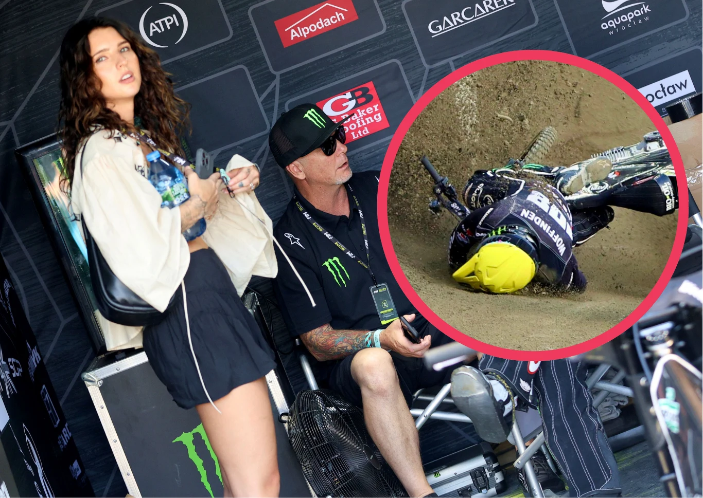 Faye Woffinden w boksie Taia Woffindena. W kółeczku Tai Woffinden chwilę po upadku.