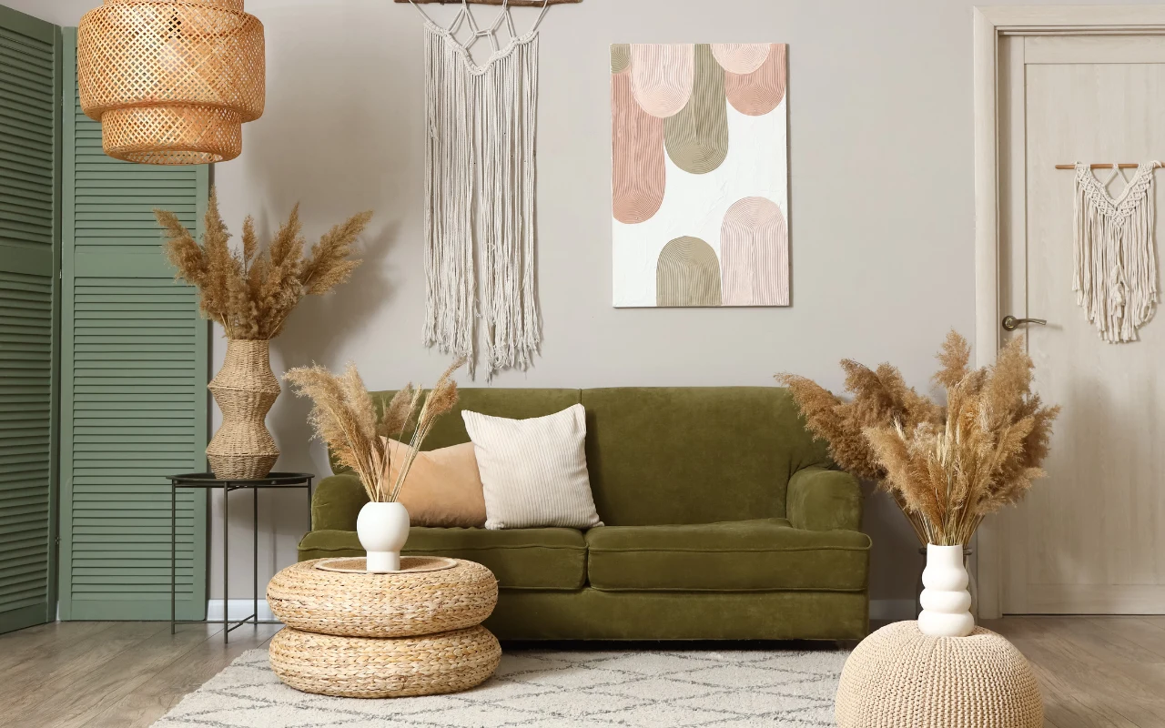 Kanapy w odcieniach zieleni są nadal modne, podobnie jak naturalne materiały, m.in. wiklina
