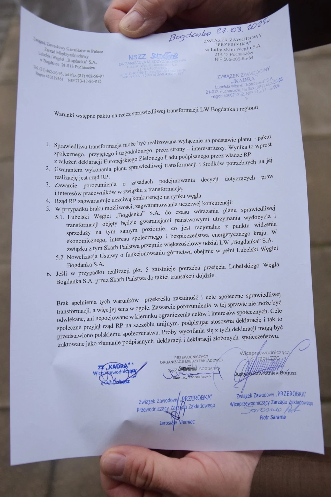 Propozycja porozumienia wstępnego w sprawie sprawiedliwej transformacji przedstawiona przez związkowców z Bogdanki rządzącym Propozycja porozumienia wstępnego w sprawie sprawiedliwej transformacji przedstawiona przez związkowców z Bogdanki rządzącym