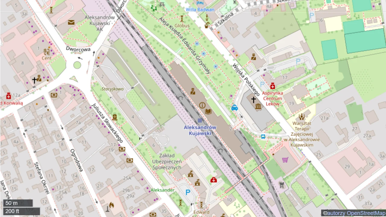 Lokalizacja stacji kolejowej w Aleksandrowie Kujawskim