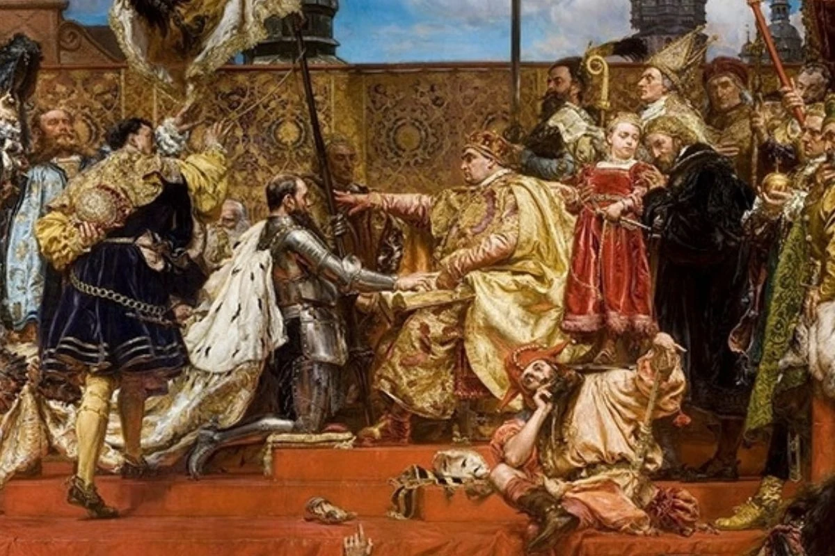 Zygmunt Stary i Albrecht Hohenzollern na obrazie Jana Matejki "Hołd pruski"