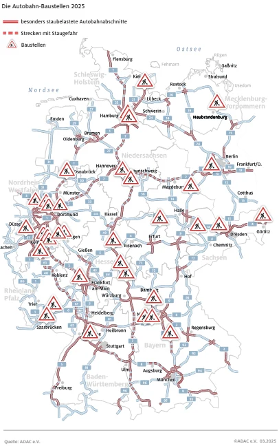 Mapa robót drogowych na autostradach w Niemczech. Zdj. ADAC