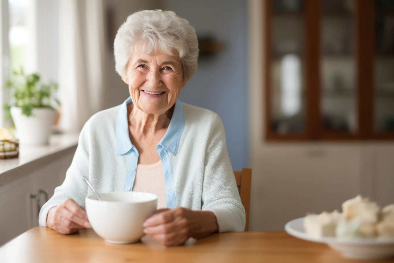Radosna starsza kobieta je śniadanie