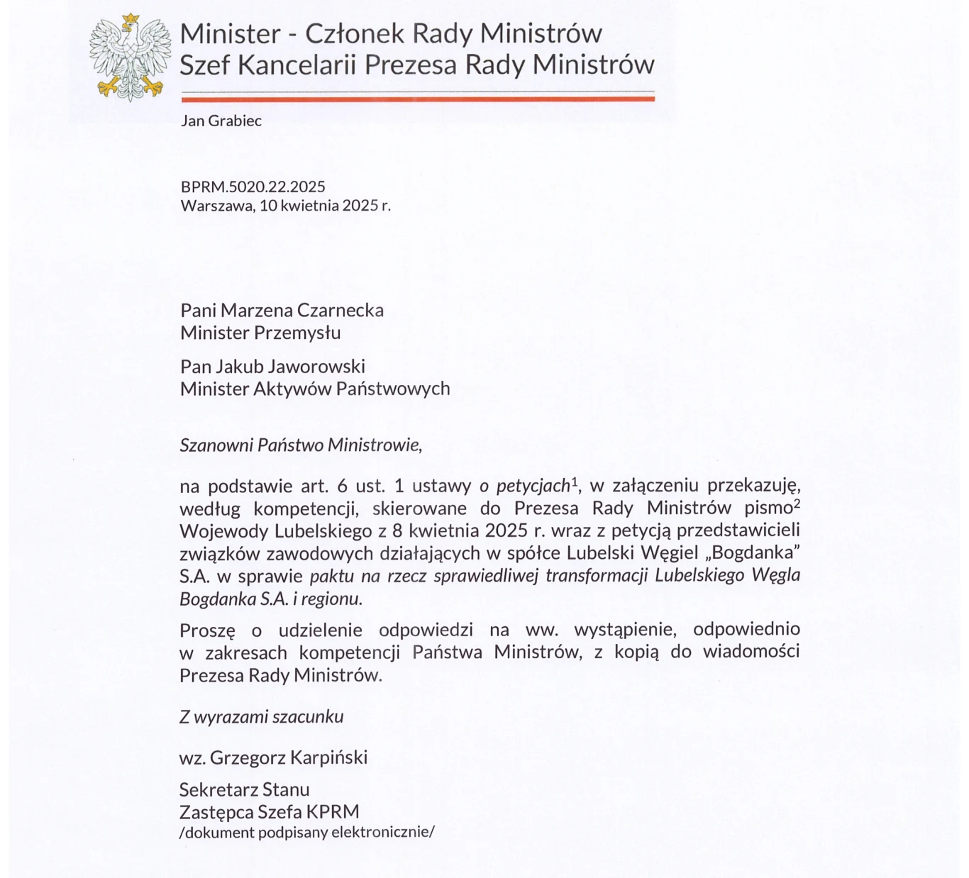 Odpowiedź KPRM na petycję związkowców z Bogdanki do premiera Donalda Tuska