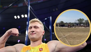 Myskolas Alekna, a w ramce zawody w szczerym polu w USA, na których padł rekord świata