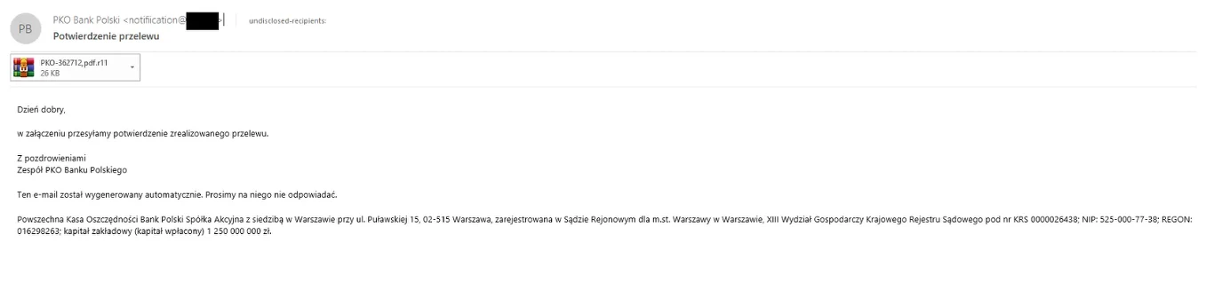 PKO BP opublikowało przykład wiadomości od cyberprzestępców