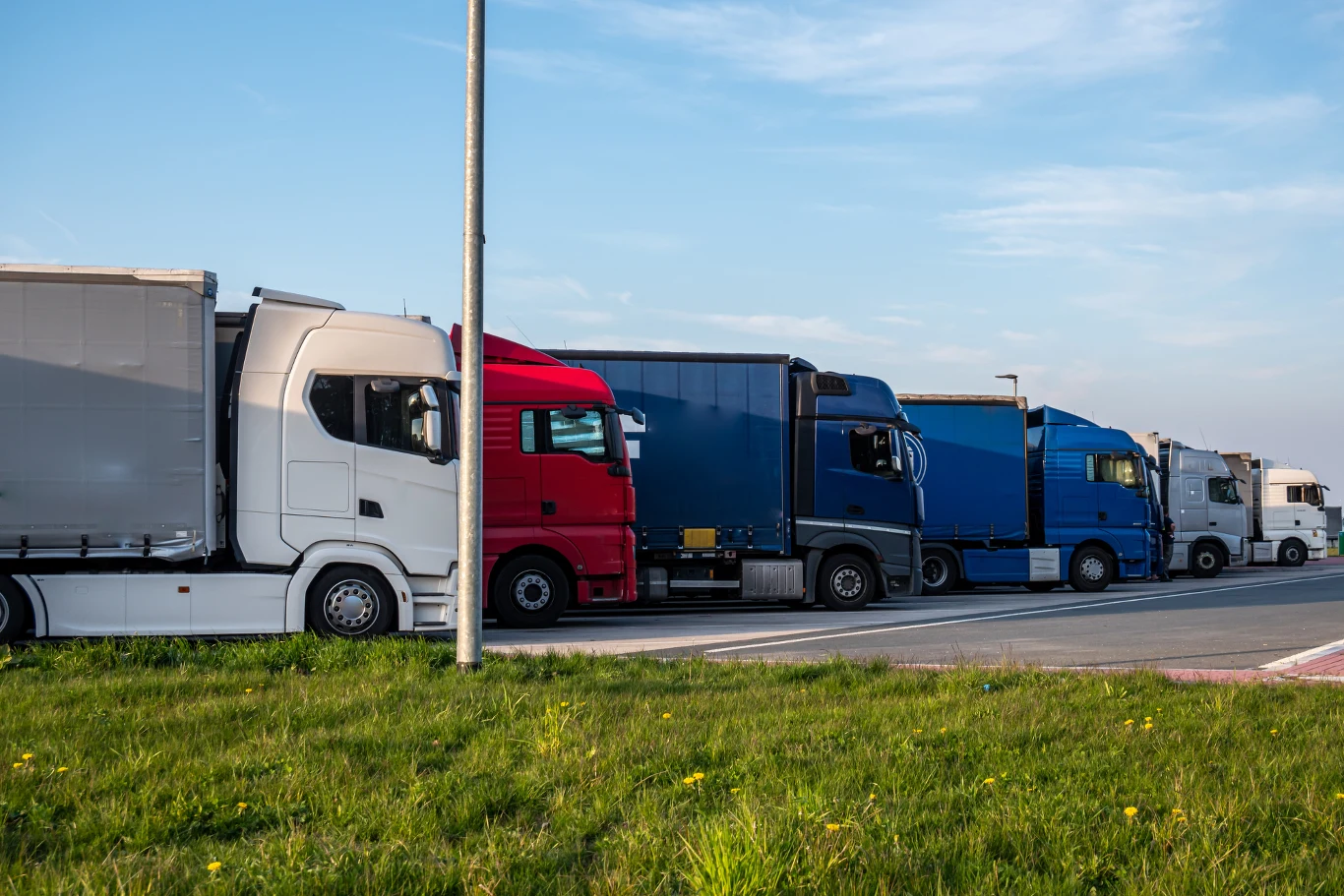 Zakaz ruchu dla pojazdów ciężarowych o DMC powyżej 12 ton - kalendarz na rok 2026. Rząd stojących ciężarówek w różnych kolorach zaparkowanych równolegle przy drodze. Widoczny jest fragment trawnika oraz błękitne niebo w tle.