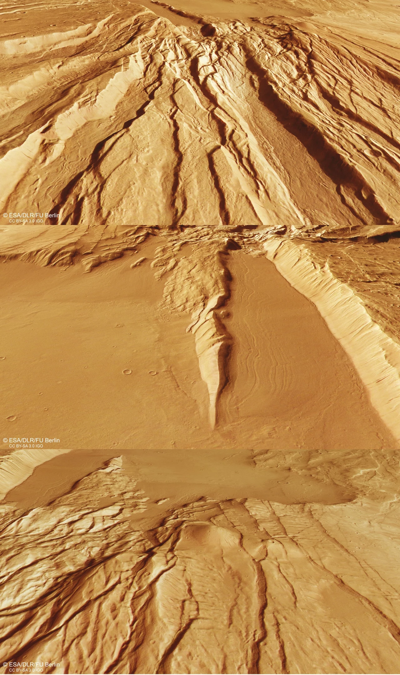 Trzy widoki obszaru Acheron Fossae uchwycone przez Mars Express. Marsjańska krajobraz z wydmami i klifami, ukazująca naturalne formacje geologiczne w kolorach pomarańczowych i czerwonych, z wyraźnymi śladami erozji.