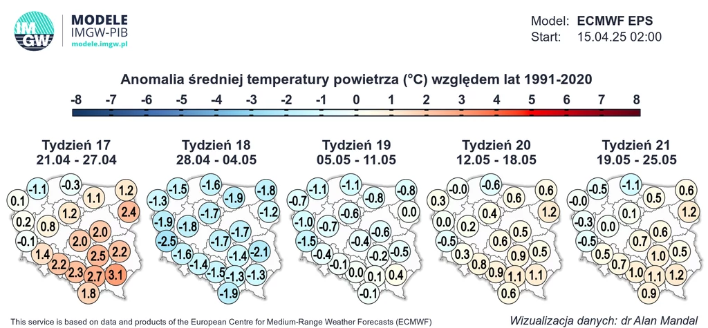 Koniec kwietnia i początek maja zapowiadają się na wyraźnie chłodniejszy, niż zazwyczaj Wizualizacja przedstawia mapę Polski z oznaczeniem anomalii średniej temperatury powietrza w stopniach Celsjusza w stosunku do lat 1991-2020. Mapa podzielona jest na tygodnie i zawiera temperatury dla poszczególnych regionów.