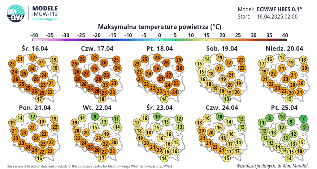 Fala ciepła opadnie niedługo po Wielkanocy. Pod koniec przyszłego tygodnia w całym kraju będzie mniej, niż 20 stopni Diagram przedstawiający mapki maksymalnych temperatur powietrza w Polsce na kolejne dni od 16 do 25 kwietnia 2025 roku. Każda mapka zawiera oznaczenia temperatur w stopniach Celsjusza w wybranych miastach.