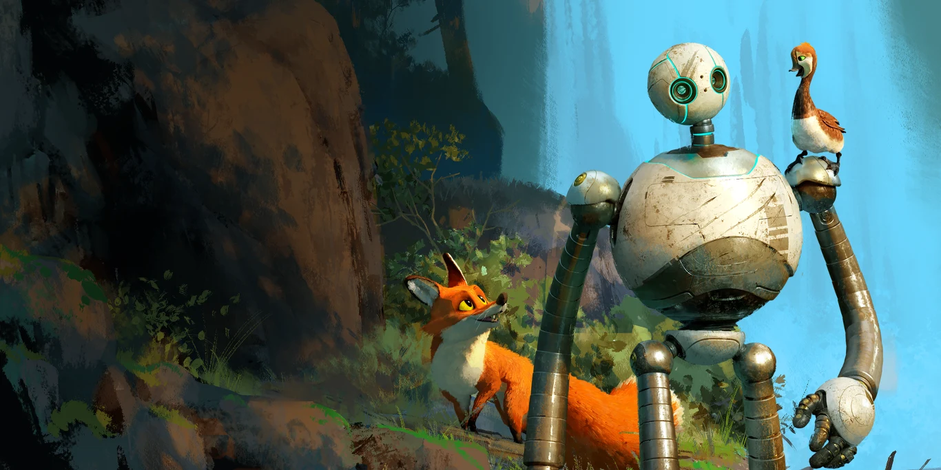 Robot na tle wodospadu w towarzystwie lisa i małego ptaka siedzącego na jego ramieniu.