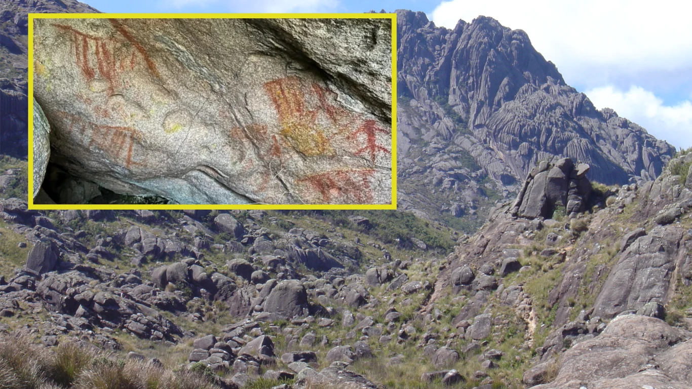 Brazylia: malowidła naskalne odkryte na terenie parku narodowego. Mogą mieć nawet trzy tysiące lat Górski krajobraz z widocznym w tle pasmem skalnym. W żółtej ramce umieszczono zbliżenie na rysunki naskalne, które pokazują dawne malowidła wykonane na powierzchni skały.
