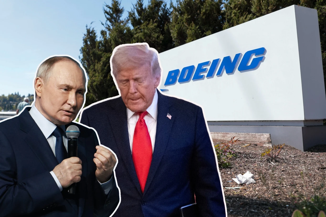 Tajne rozmowy USA-Rosja? Media wskazują na umowę wartą miliardy dolarów Dwóch znanych polityków, jeden z mikrofonem, stoi przed wielkim białym znakiem z niebieskim logiem firmy Boeing. W tle widoczne są krzewy i drzewa.