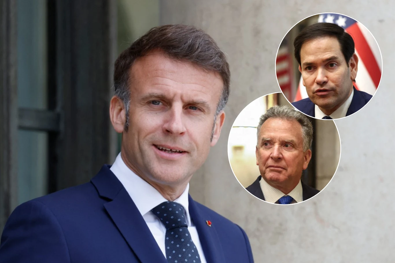 Emmanuel Macron spotka się z Marco Rubio i Steve'em Witkoffem Trzech mężczyzn w garniturach, dwóch w okrągłych ramkach na zdjęciach, nałożonych na główne zdjęcie. Pierwszy mężczyzna na zewnątrz z krótkimi ciemnymi włosami, dwaj pozostali w formalnym otoczeniu.