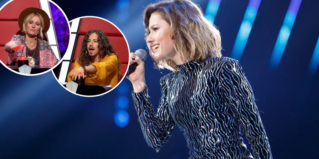 Alexa Ash zachwyciła trenerów w "The Voice Of Poland" Kobieta w eleganckiej sukni śpiewa na scenie z mikrofonem. W tle znajdują się dwa okrągłe wstawki z osobami siedzącymi przy jury, które wyglądają na oceniających występ.