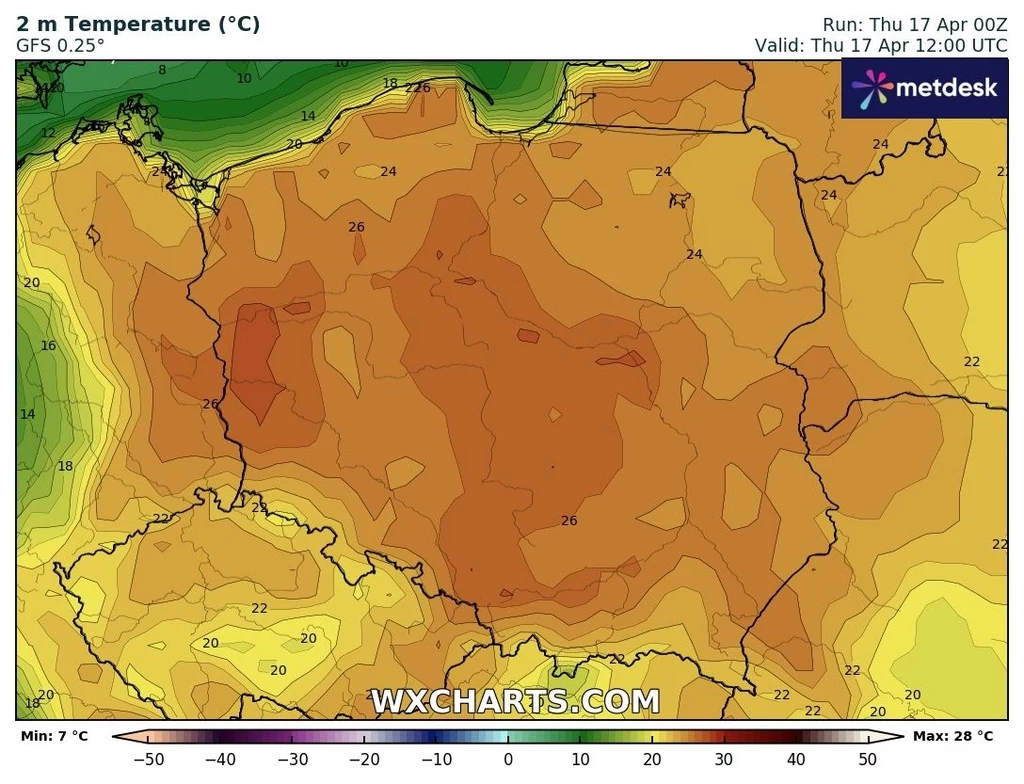 W całej Polsce będzie bardzo ciepło przez cały dzień. Temperatura znacznie przekroczy próg 20 st. C Mapa Polski prezentująca prognozowane temperatury powierzchniowe w różnych regionach kraju. Kolory przedstawiają zakresy temperatur od 7°C do 28°C.
