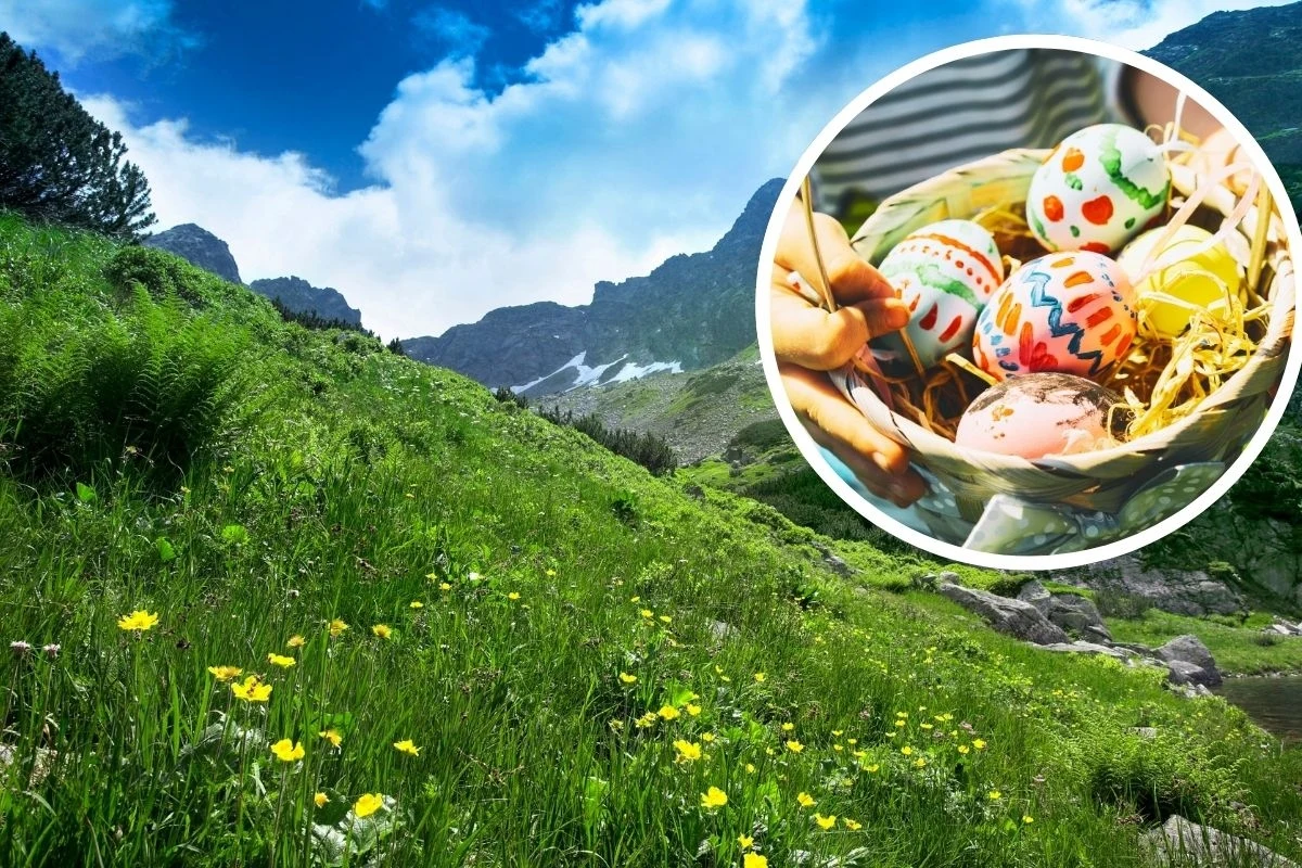Zakopane to atrakcyjny kierunek na Wielkanoc/ 123rf Krajobraz górski z kwitnącymi żółtymi kwiatami na tle błękitnego nieba. W prawym górnym rogu zdjęcie ozdobnych pisanek w koszyczku.