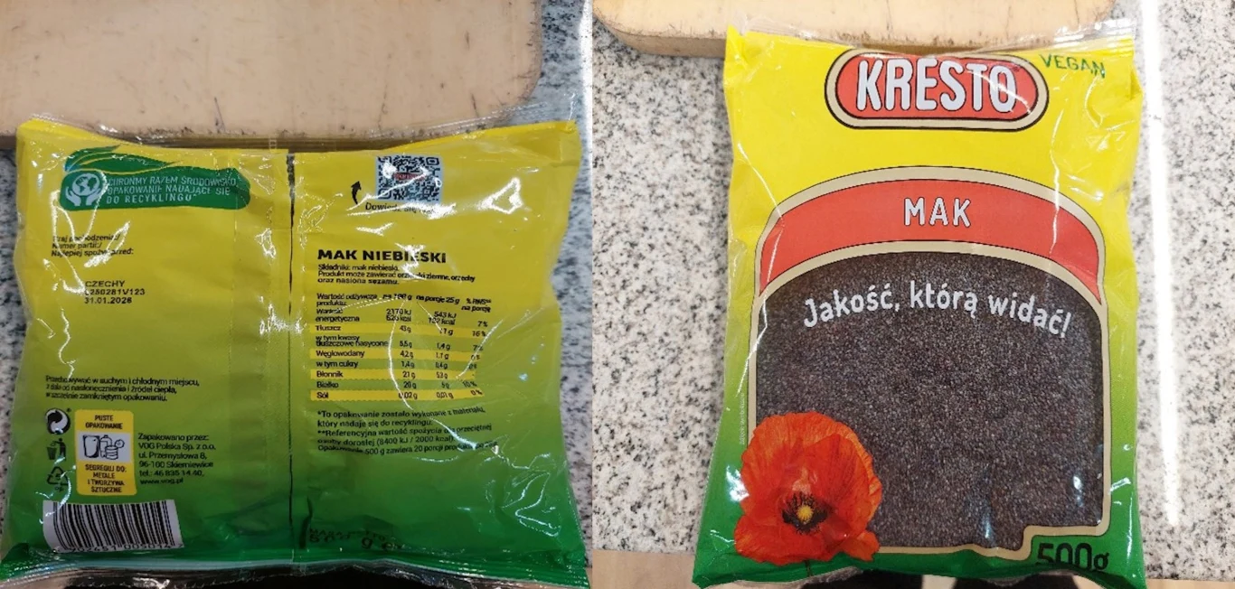 GIS ostrzega klientów przed makiem, który został właśnie wycofany ze sprzedaży Opakowanie maku spożywczego marki Kresto, z przodu widnieje napis 'Jakość, którą widać', a na tylnej części znajdują się informacje o produkcie, takie jak skład i wartości odżywcze.