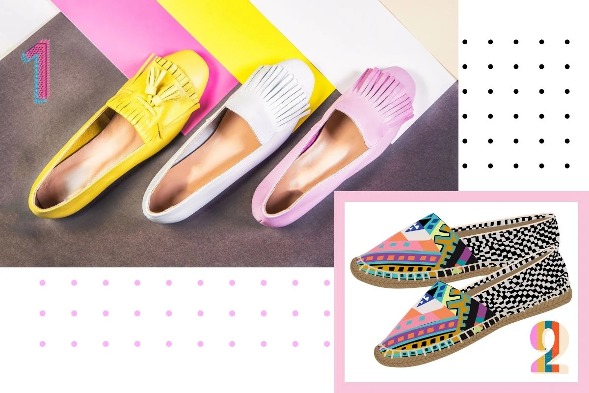 Kolorowe buty na płaskiej podeszwie w stylu mokasynów oraz espadryli, ułożone na kolorowym tle z geometrycznymi wzorami. Różnorodność wzorów i jasne barwy przyciągają uwagę, nadając obrazowi energiczny i nowoczesny charakter.