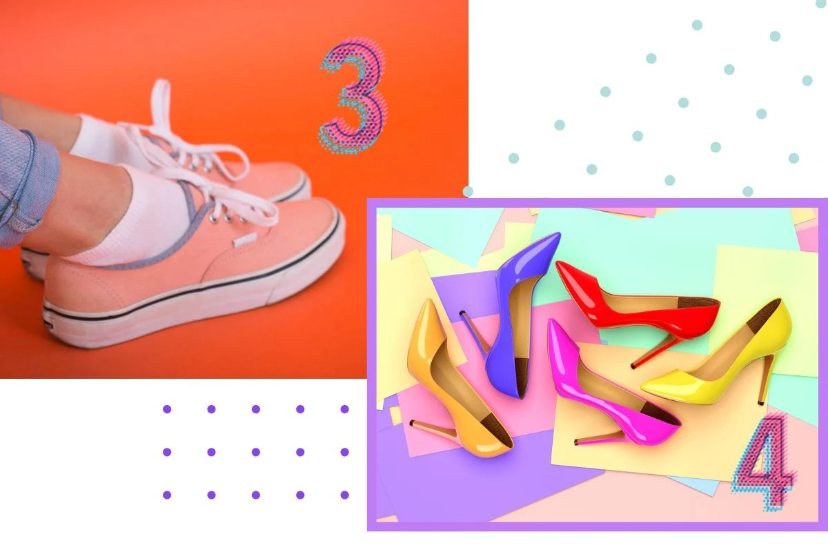 Sneakersy w kolorze łososiowym na pomarańczowym tle oraz kolorowe szpilki ułożone na pastelowych kartkach papieru, obramowane liczbami 3 i 4 oraz geometrycznymi wzorami.