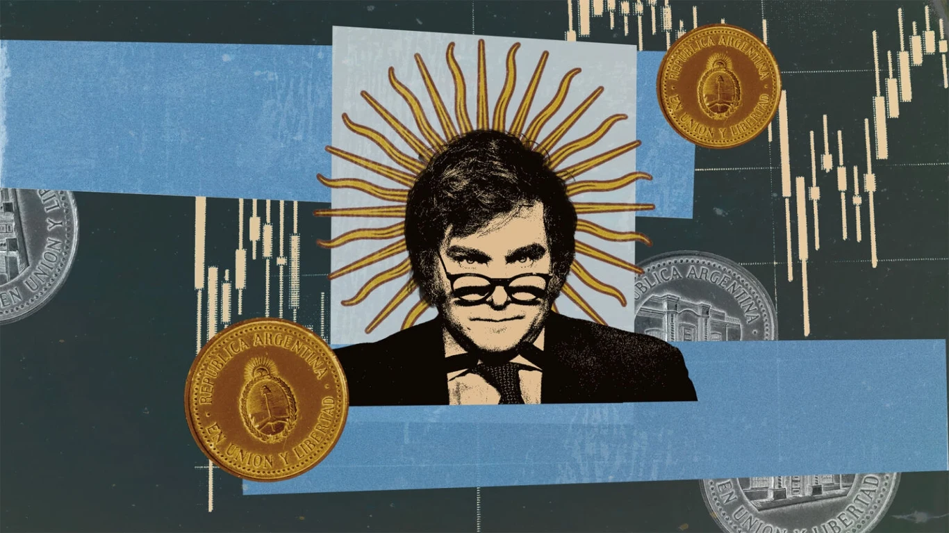 Javier Milei toczy walkę z argentyńską inflacją Elementy z motywami finansowymi, przedstawiające osobę z aureolą z promieni oraz monety i wykresy giełdowe, tworzące abstrakcyjną całość.