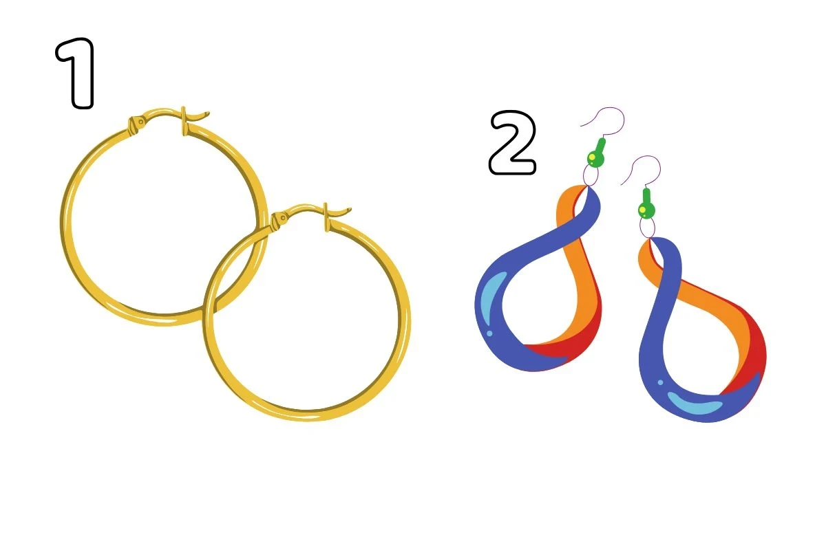 Dwie pary ilustrowanych kolczyków, jedna klasyczna w formie złotych kółek numer jeden, druga o nowoczesnym, kolorowym wzorze numer dwa w formie skręconych pętli z niebieskimi i pomarańczowymi akcentami.