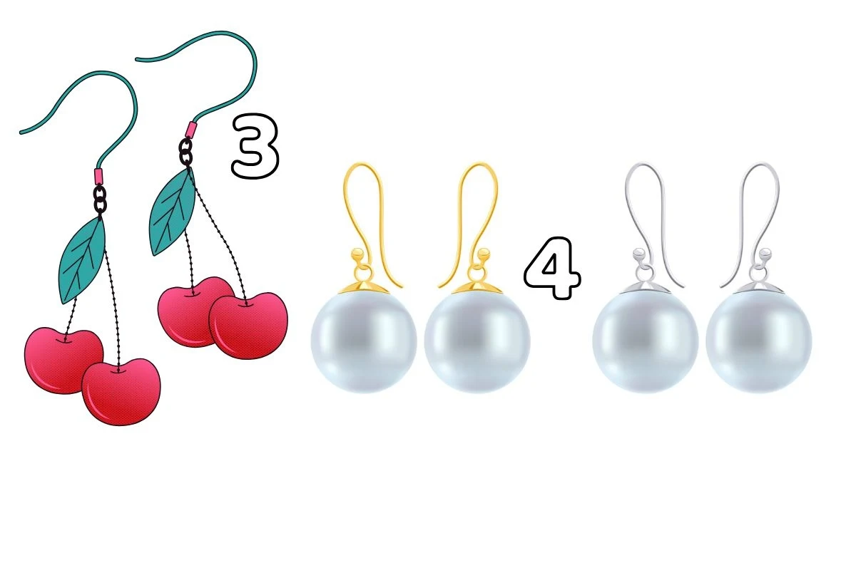Dwie pary kolczyków, jedna z wiszącymi wiśniami z zielonymi liśćmi, druga z perłami na złotych i srebrnych haczykach. Pozycje kolczyków są oznaczone liczbami 3 i 4.