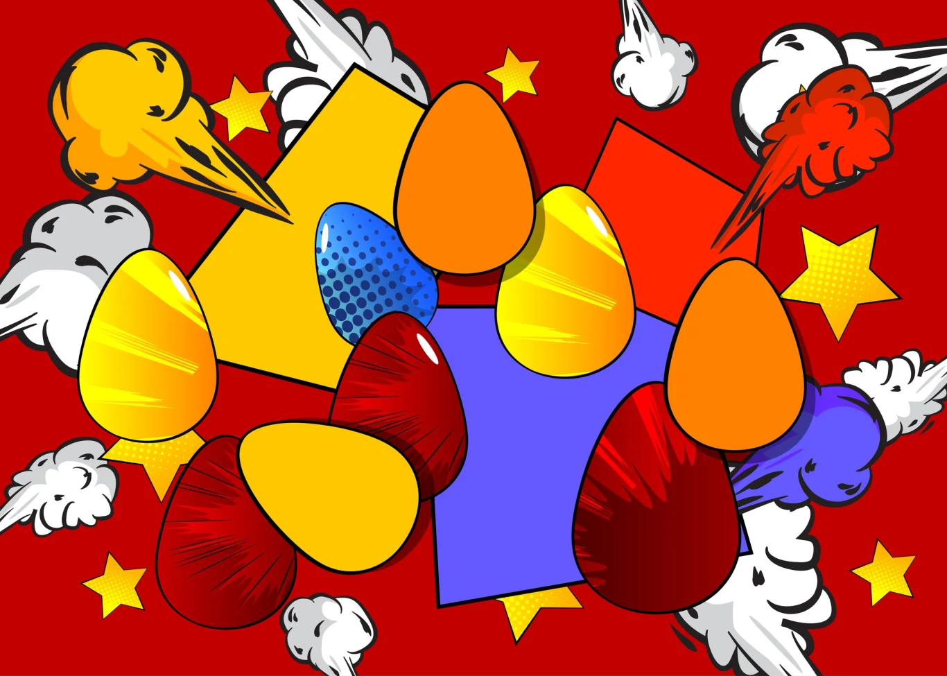 Ruszamy szukać jajek wielkanocnych. Kojarzysz te easter eggi z apek, filmów i gier? Kolorowe, rysunkowe jajka otoczone chmurami, gwiazdkami i dymem w estetyce pop-art, na dynamicznym, czerwonym tle.