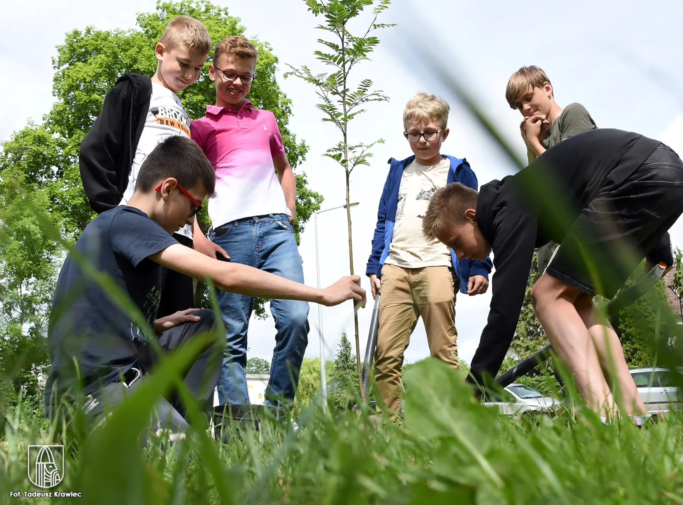 Grupa dzieci sadząca małe drzewko w parku, otoczona zielenią i przyjaciółmi, w pogodny dzień.