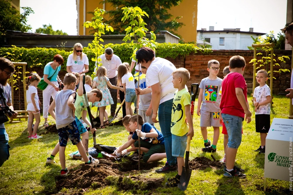 Grupa dzieci wraz z dorosłymi bierze udział w sadzeniu drzew w słoneczny dzień. Dzieci prace z łopatami, wspólnie współpracując i ucząc się o ochronie środowiska. W tle widoczny jest mur oraz budynki mieszkalne.