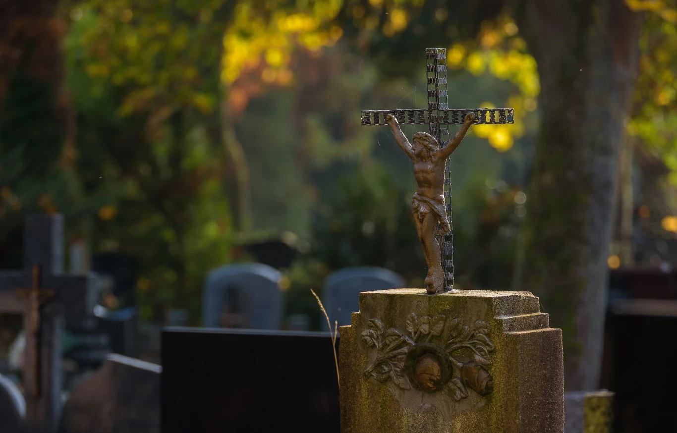 Analiza kości ujawnia, jak średniowieczne choroby wpływały na życie i śmierć (zdj. poglądowe) Krzyż umieszczony na nagrobku na cmentarzu, otoczony drzewami i kamiennymi pomnikami, w tle rozmyta zieleń.