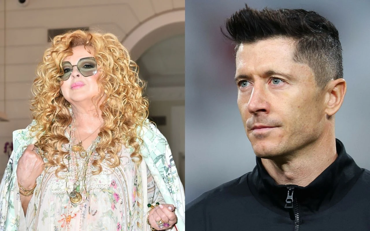 Robert Lewandowski vs Magda Gessler. U kogo wyższe ceny? Osoba w barwnej sukni z bujnymi lokami i okularami przeciwsłonecznymi znajduje się po lewej stronie zdjęcia, natomiast po prawej znajduje się mężczyzna z krótkimi ciemnymi włosami w sportowej kurtce, spoglądający w dal.