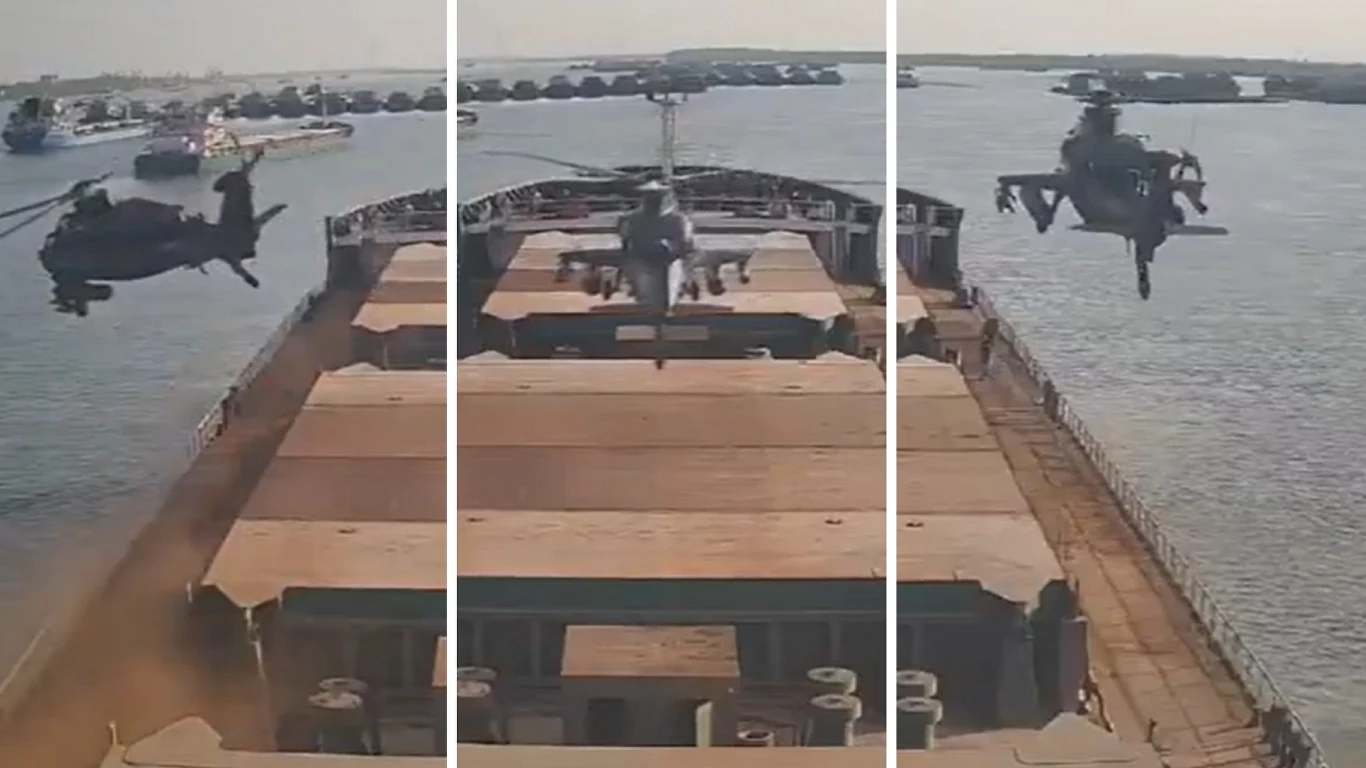 Śmigłowiec ląduje na kontenerowcu. Nagranie obiegło internet Helikoptery wojskowe startujące z pokładu statku znajdującego się na spokojnej rzece, otoczonej zalesionymi brzegami i innymi jednostkami pływającymi w oddali.