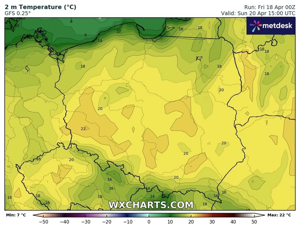 Niedziela Wielkanocna będzie ciepła i spokojna. Trochę popadać może na północnym wschodzie Mapa pogody z prognozą temperatur w Polsce na 20 kwietnia, prezentująca różne poziomy temperatur w zależności od regionu, z najcieplejszymi obszarami w centrum kraju.