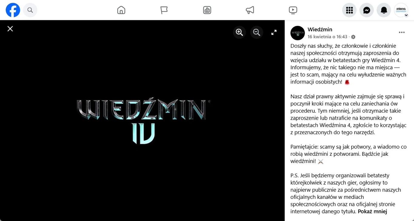 Logo Wiedźmina 4 na czarnym tle, wraz z wiadomością dotyczącą możliwości udziału w testach beta gry. Informacja zwrócona do społeczności, ostrzeżenie przed potencjalnymi oszustami.