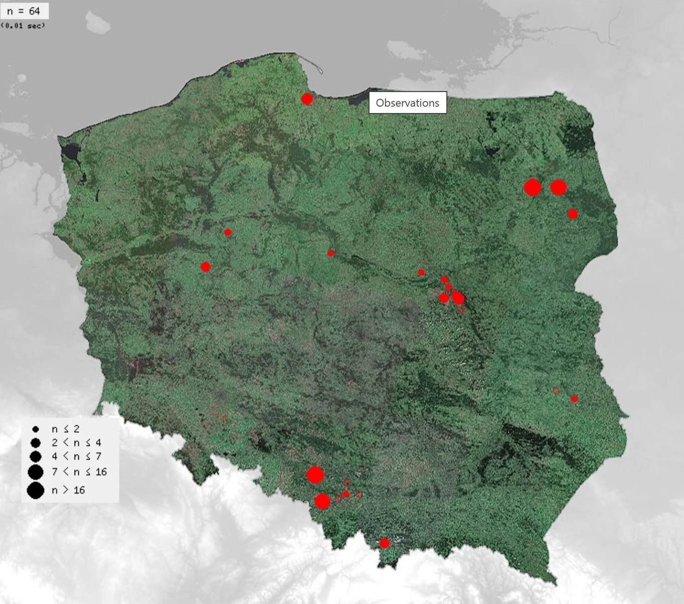 Rozmieszczenie obserwacji mewy bałtyckiej podczas tegorocznej wiosennej wędrówki Mapa Polski z zaznaczonymi czerwonymi punktami, które przedstawiają miejsca obserwacji. Punkty różnią się wielkością w zależności od liczby obserwacji. W lewym górnym rogu znajduje się legenda wyjaśniająca znaczenie rozmiarów punktów.
