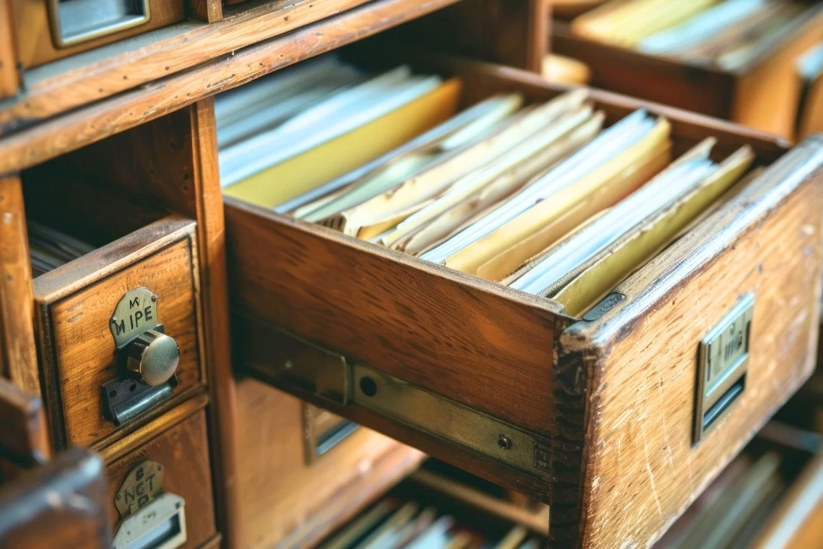 Szuflada drewnianej kartoteki wypełniona różnorodnymi dokumentami i teczkami w pastelowych kolorach, reflektuje organizację i archiwizację informacji w tradycyjny sposób. Obok widoczne są inne zamknięte szuflady tego samego mebla.