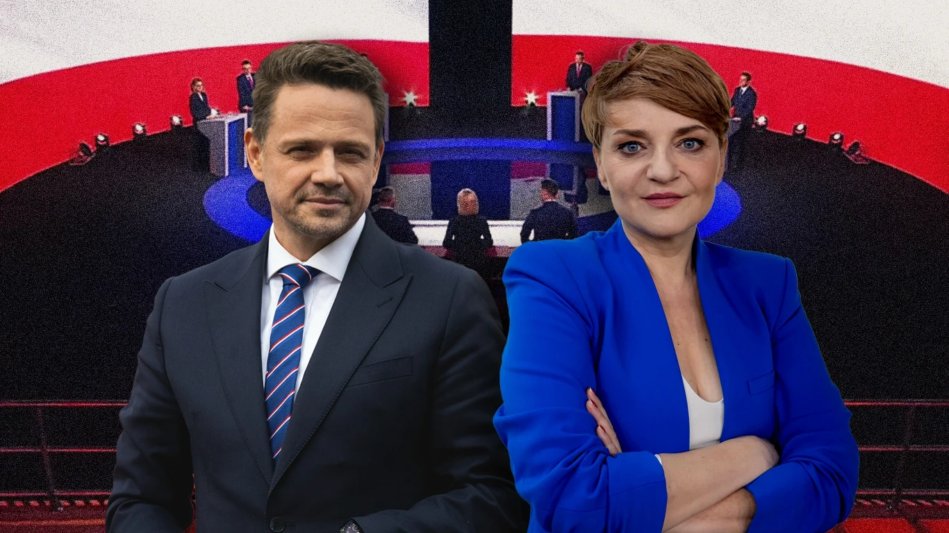 W otoczeniu Rafała Trzaskowskiego znalazła się Natalia de Barbaro. W "Politycznym WF-ie" wyjaśniamy, skąd obecność znanej psycholog w Końskich Dwie osoby, kobieta i mężczyzna, stojące na pierwszym planie na tle sceny przypominającej studio telewizyjne. W tle widoczni są inni uczestnicy oraz duża flaga w biało-czerwonych barwach, co sugeruje wydarzenie o charakterze politycznym.