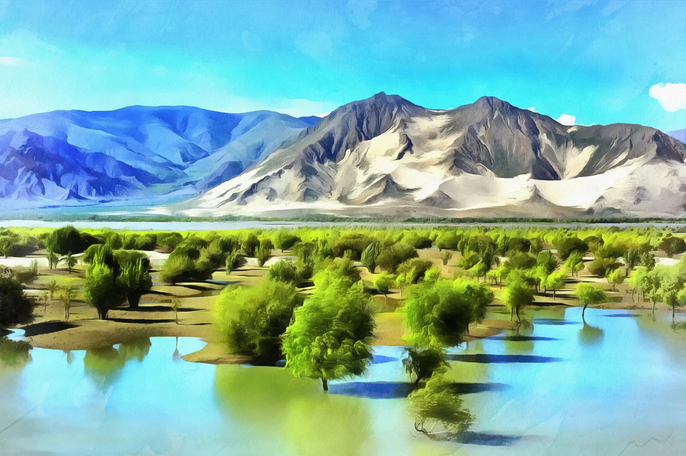 Malowniczy krajobraz z górą w tle otoczony zielenią i wodnymi odbiciami. Drzewa tworzą bujną i harmonijną scenerię, a spokojne wody kontrastują z monumentalnymi, skalistymi formacjami górskimi.