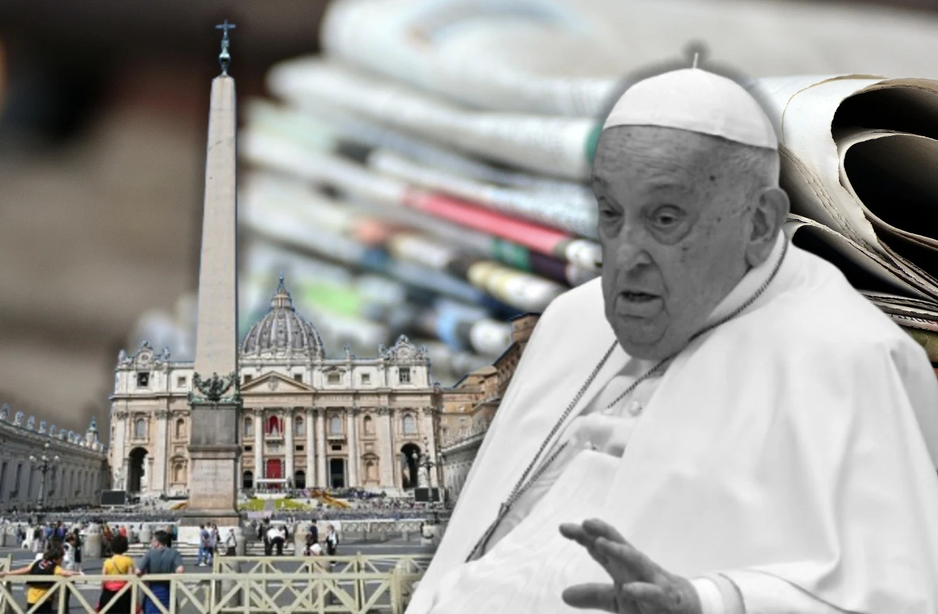 "Corriere della Sera" o pontyfikacie papieża Franciszka Papież w białej szacie na tle Bazyliki św. Piotra i stosu gazet, co symbolizuje jego związek z mediami i jego wpływ na świat. Obraz ukazuje połączenie religii i informacji w kontekście Watykanu.