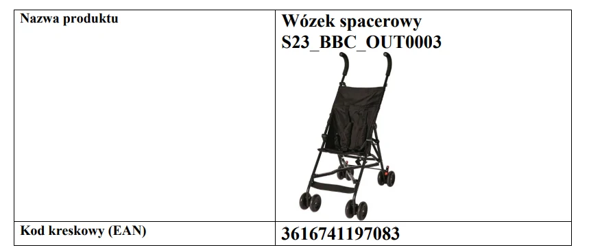 Wózek spacerowy na cienkiej ramie, z czterema podwójnymi kołami i prostą, czarną tapicerką. Na zdjęciu znajduje się także kod kreskowy oraz oznaczenie modelu.